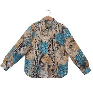 Chico's Shirt Womens XL Brown Faux Suede Southwest Art Metal Button Bohemian